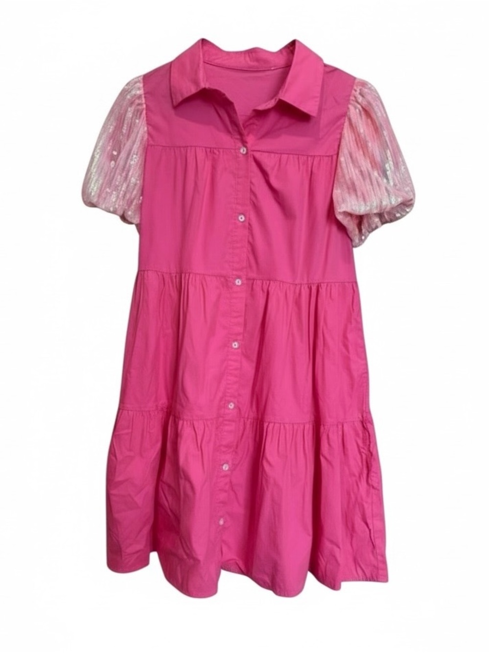 Hot Pink Button-Front Boutique Tiered Dress with Sheer Puff Sleeves